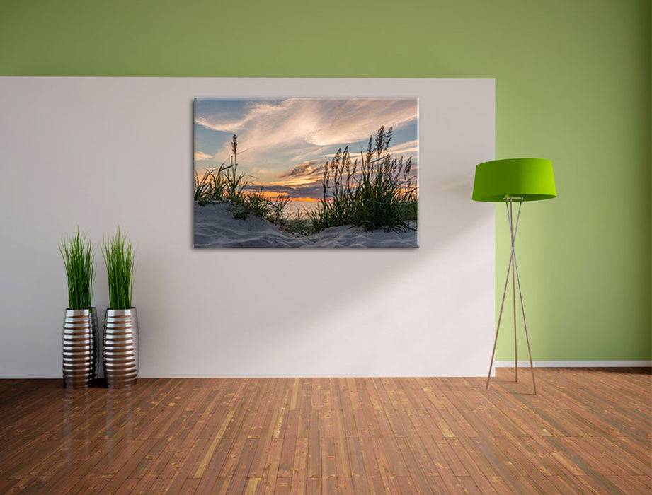 Pixxprint Gras am Strand bei Sonnenuntergang, Leinwandbild Preisnachlass