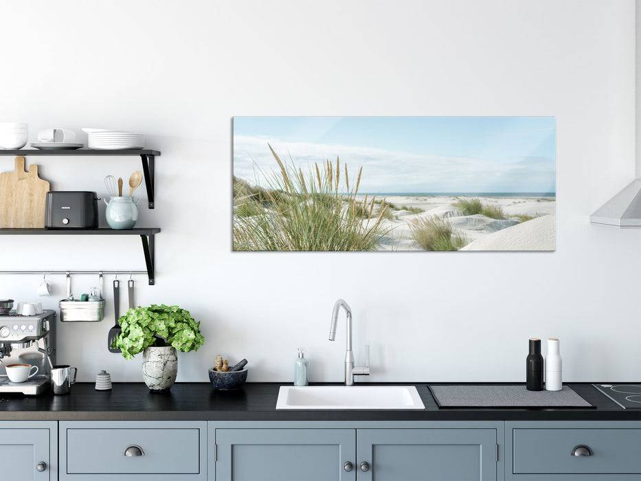 Pixxprint Grasige Dünenlandschaft am Meer, Glasbild Panorama Neueste Mode