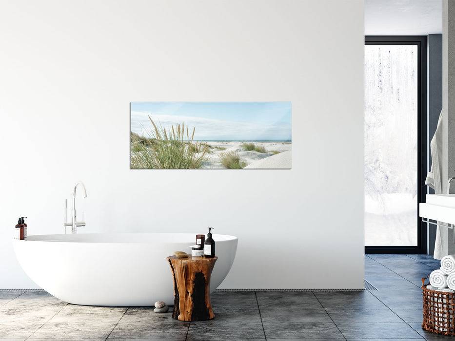 Pixxprint Grasige Dünenlandschaft am Meer, Glasbild Panorama Neueste Mode