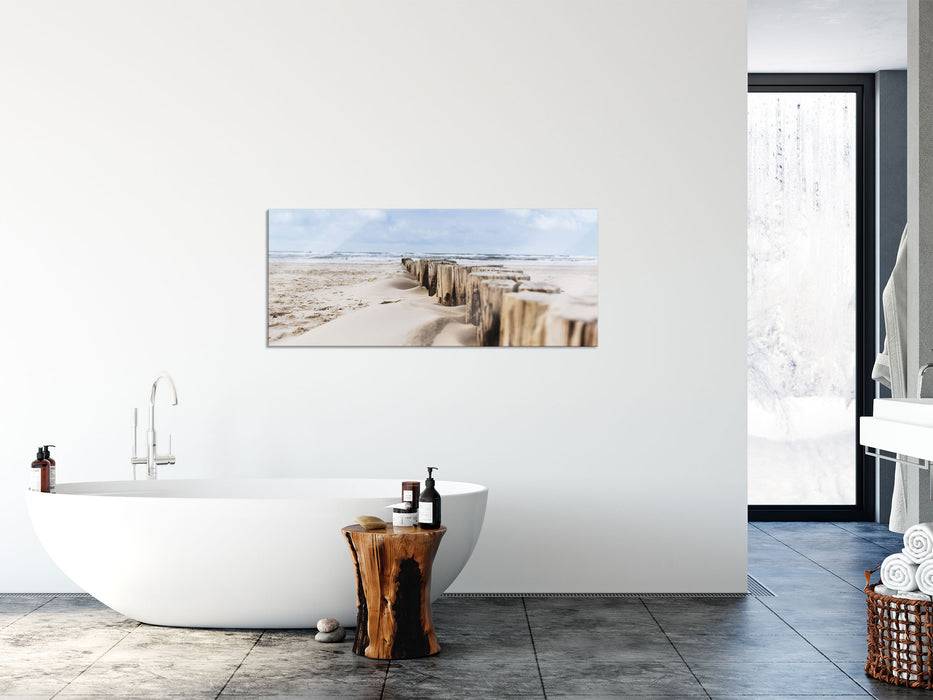 Pixxprint Nahaufnahme Steg aus Holzpföcken am Meer, Glasbild Panorama Online Outlet
