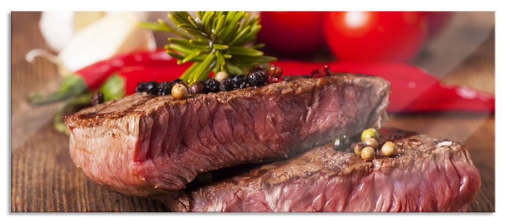 Pixxprint Saftiges Pfeffer Steak, Glasbild Panorama