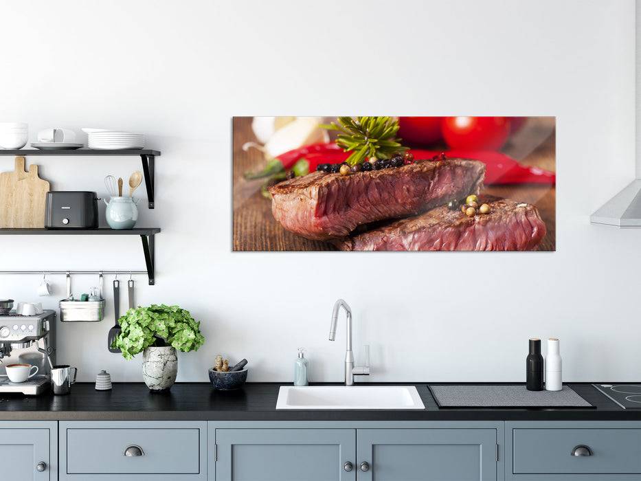 Pixxprint Saftiges Pfeffer Steak, Glasbild Panorama Exklusive Angebote