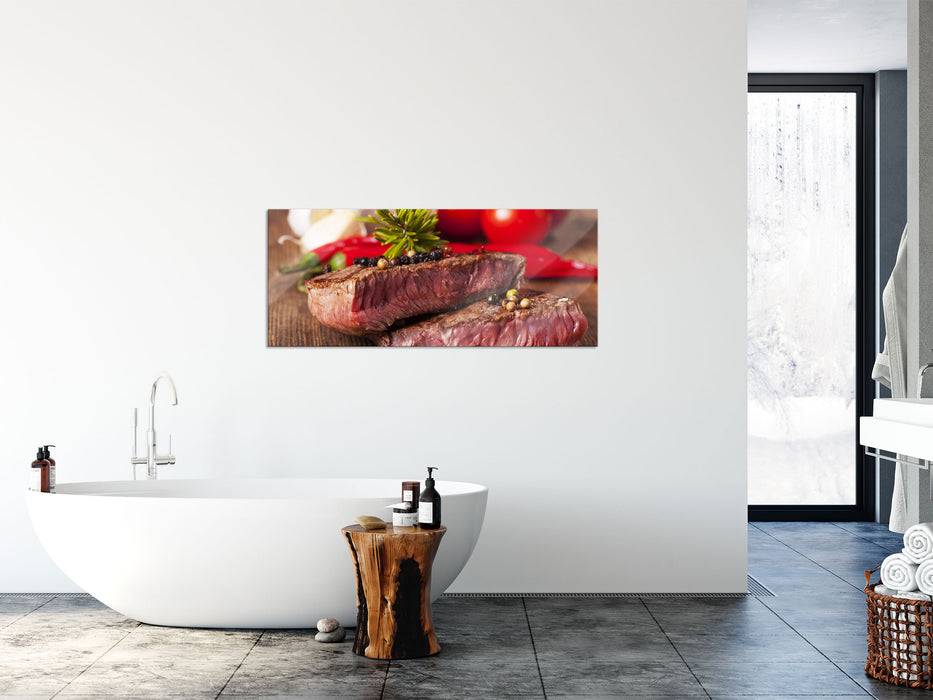 Pixxprint Saftiges Pfeffer Steak, Glasbild Panorama Exklusive Angebote