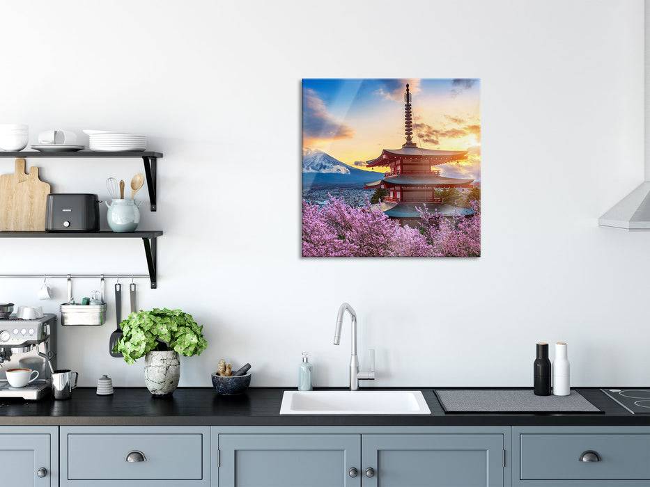 Pixxprint Japanischer Tempel zwischen Kirschblüten, Glasbild Quadratisch Riesige Ersparnisse