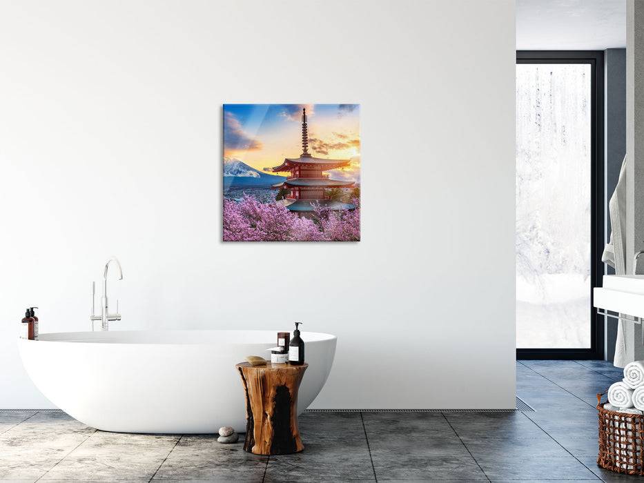 Pixxprint Japanischer Tempel zwischen Kirschblüten, Glasbild Quadratisch Riesige Ersparnisse