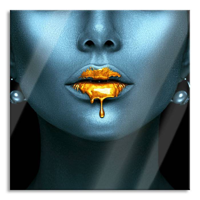 Pixxprint Frauenmund mit goldenem Gloss, Glasbild Quadratisch
