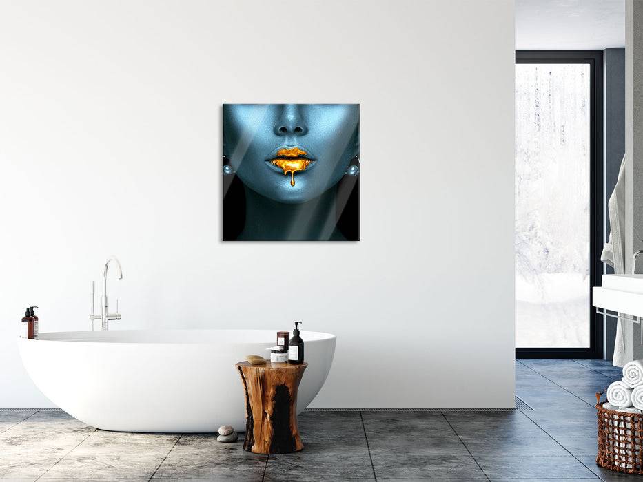 Pixxprint Frauenmund mit goldenem Gloss, Glasbild Quadratisch VIP-Rabatte