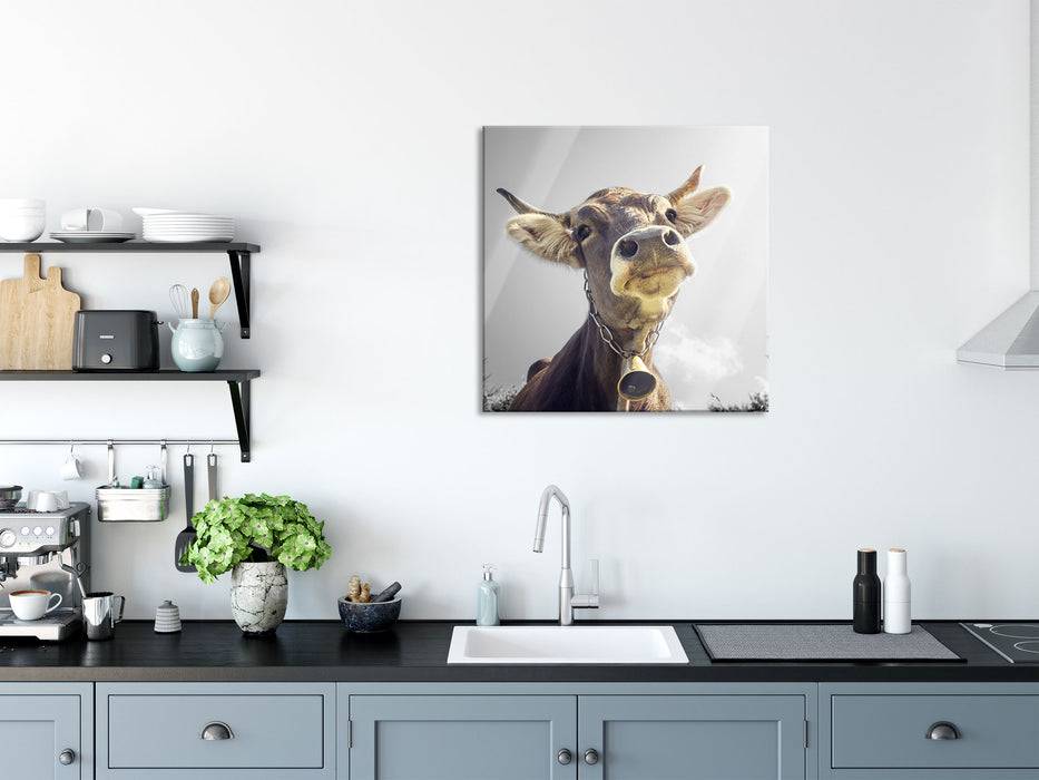 Pixxprint Lustiges Portrait einer Kuh, Glasbild Quadratisch Wochenangebot