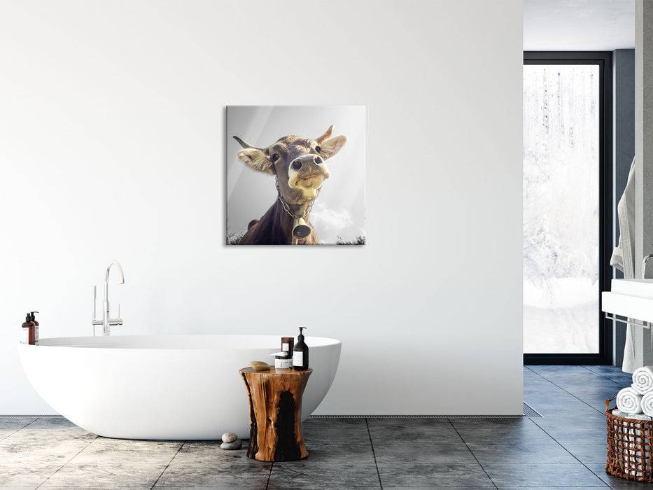 Pixxprint Lustiges Portrait einer Kuh, Glasbild Quadratisch Wochenangebot