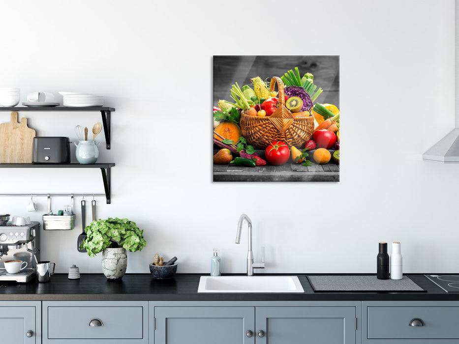 Pixxprint Frisches Obst und Gemüse im Korb, Glasbild Quadratisch Kostenlose Rückgabe