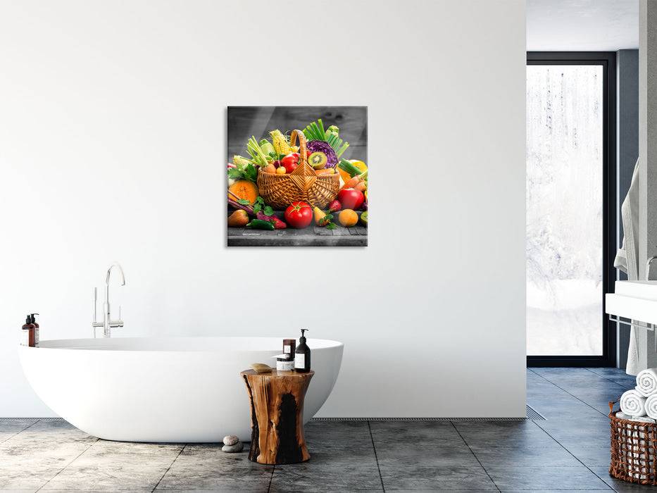 Pixxprint Frisches Obst und Gemüse im Korb, Glasbild Quadratisch Kostenlose Rückgabe