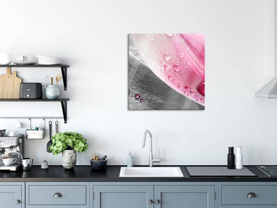 Pixxprint Tulpenblätter mit Wassertropfen, Glasbild Quadratisch Begrenzte Freigabe