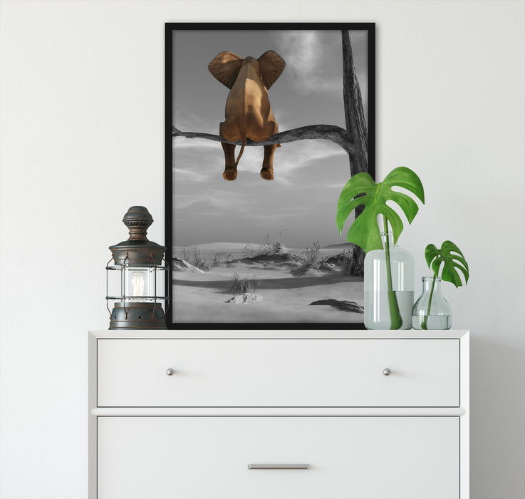 Pixxprint Elefant auf einem Ast in der Wüste, Poster mit Bilderrahmen Neueste Stile