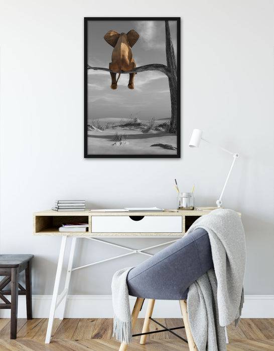 Pixxprint Elefant auf einem Ast in der Wüste, Poster mit Bilderrahmen Neueste Stile