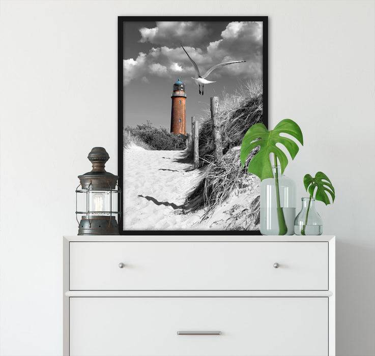 Pixxprint Leuchtturm mit Möwe an Strandweg, Poster mit Bilderrahmen Letzter Tag