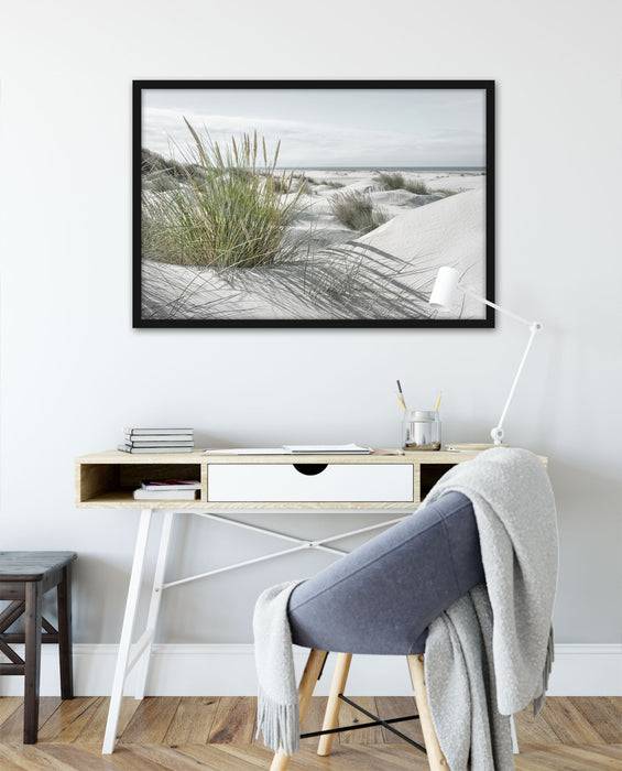 Pixxprint Grasige Dünenlandschaft am Meer B&W Detail, Poster mit Bilderrahmen Bis zu 65% Rabatt