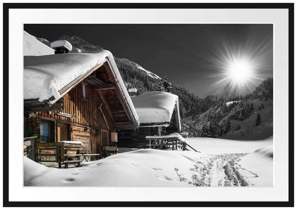 Pixxprint Alpenhütten, im Galerie-Passepartout Bilderrahmen
