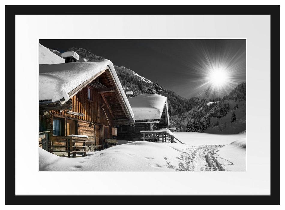 Pixxprint Alpenhütten, im Galerie-Passepartout Bilderrahmen 50% Rabatt für begrenzte Zeit