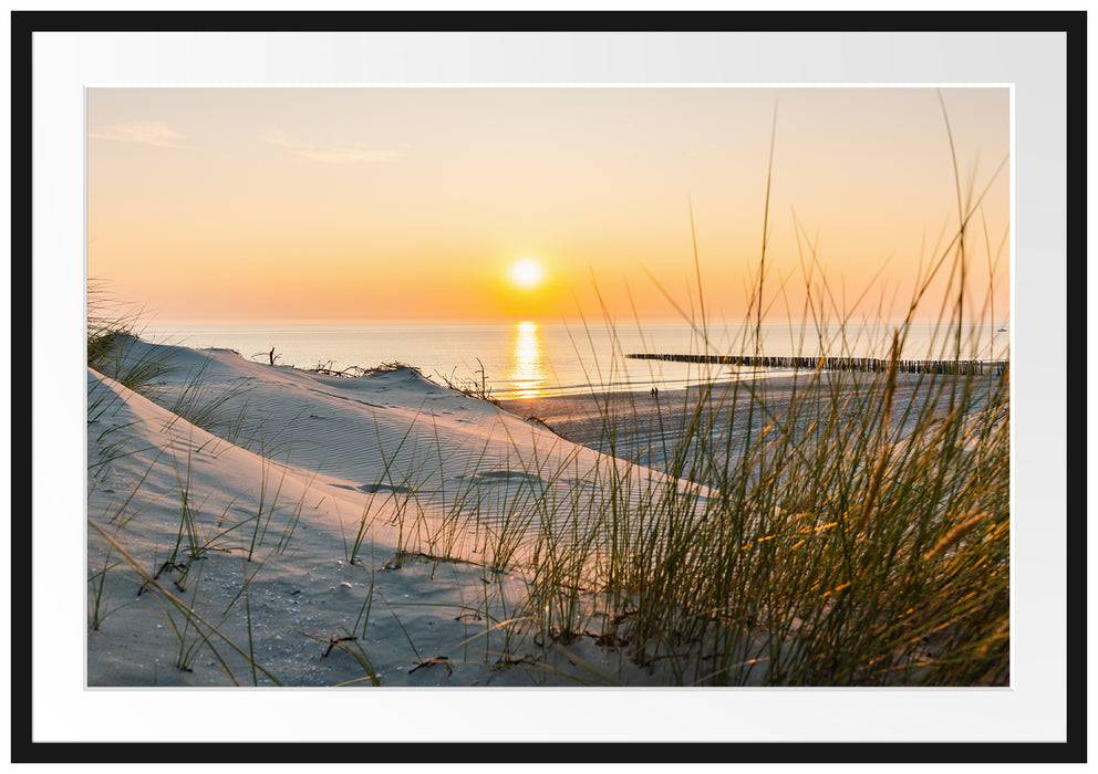 Pixxprint Dünenblick auf Meer bei Sonnenuntergang, im Galerie-Passepartout Bilderrahmen Verkauf