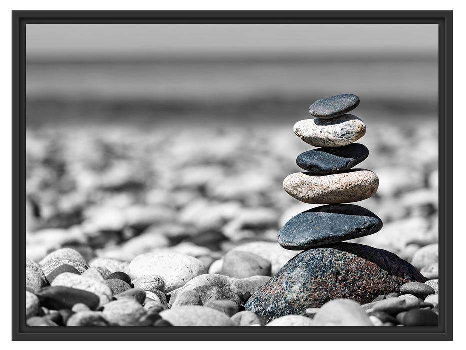 Pixxprint Steinpyramide am Kiesstrand B&W Detail, im Schwebe-Effekt Bilderrahmen Weihnachtsangebot
