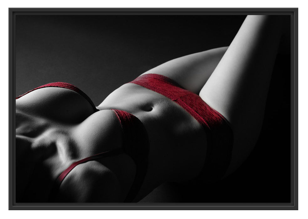 Pixxprint Frauenkörper in sexy roter Unterwäsche B&W Detail, im Schwebe-Effekt Bilderrahmen Osterangebot