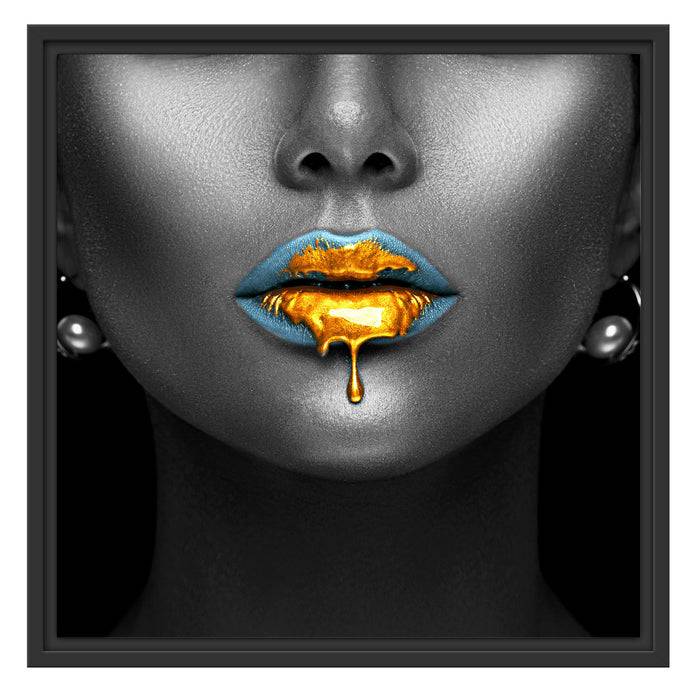 Pixxprint Frauenmund mit goldenem Gloss B&W Detail, im Schwebe-Effekt Bilderrahmen Heißer Verkauf