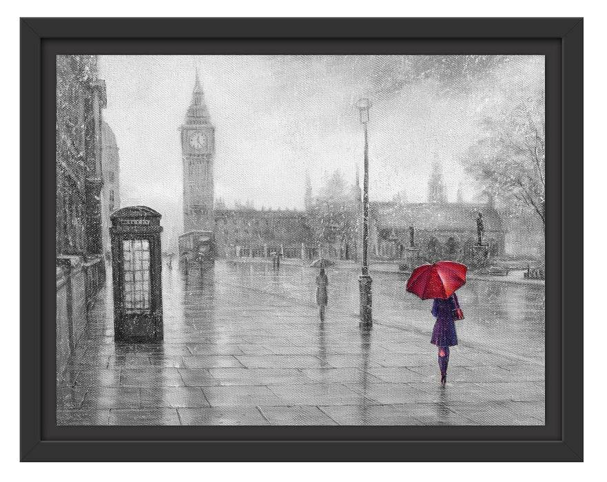 Pixxprint Regentag in London mit Big Ben B&W Detail, im Schwebe-Effekt Bilderrahmen