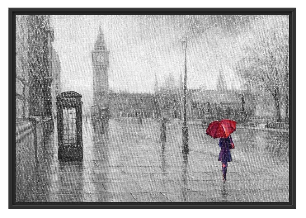 Pixxprint Regentag in London mit Big Ben B&W Detail, im Schwebe-Effekt Bilderrahmen Online Outlet