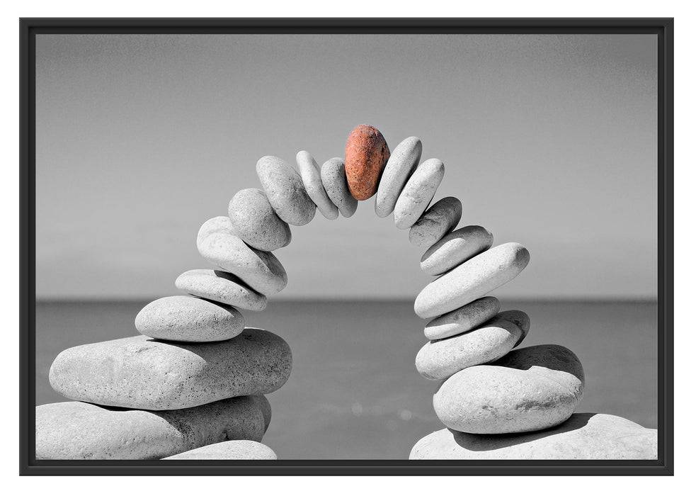 Pixxprint Brücke aus Zen Steinen am Meer B&W Detail, im Schwebe-Effekt Bilderrahmen Blitzangebot