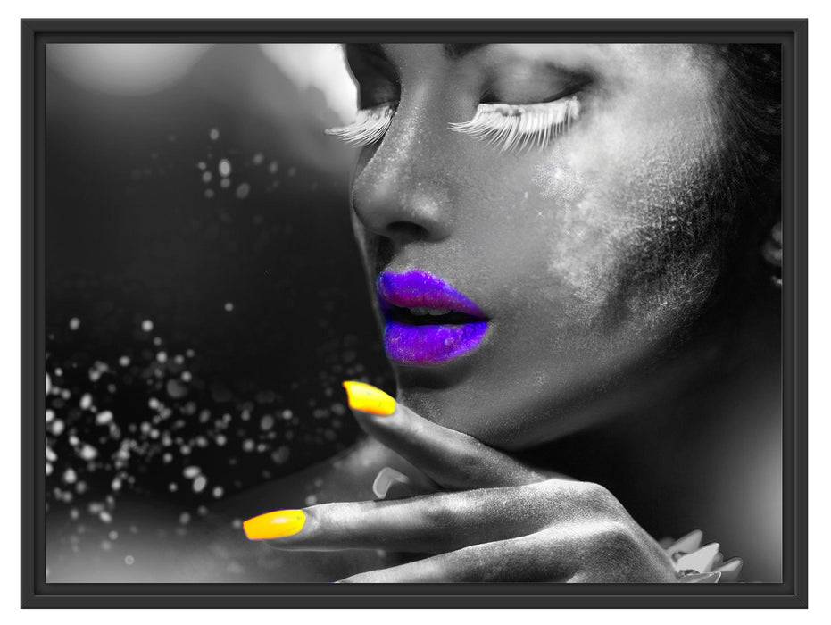 Pixxprint Frauengesicht bunte Neonlichter B&W Detail, im Schwebe-Effekt Bilderrahmen Große Rabatte