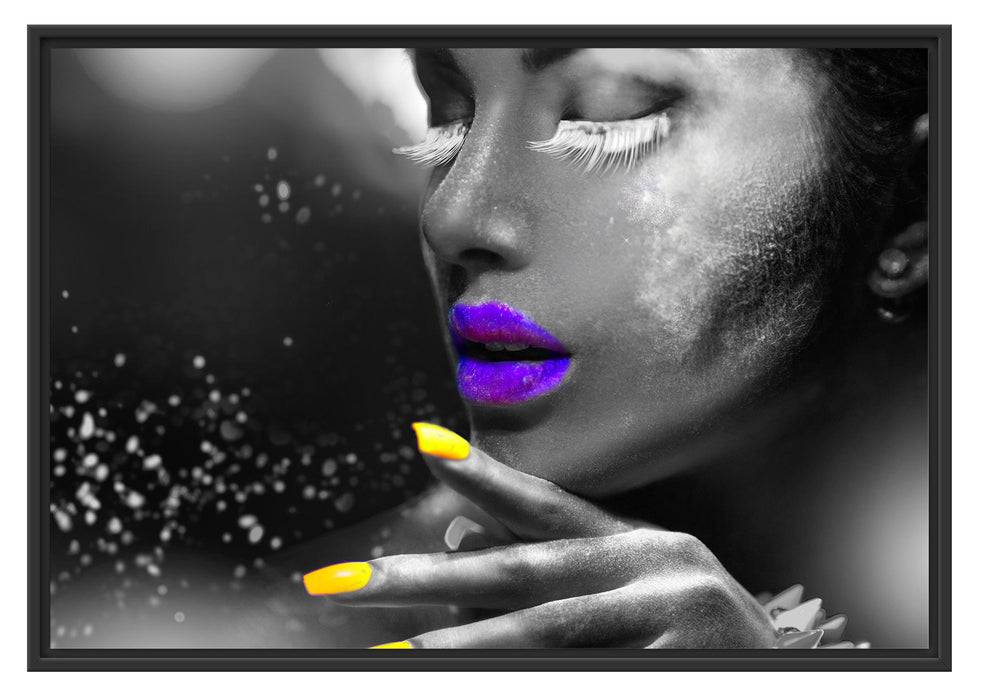 Pixxprint Frauengesicht bunte Neonlichter B&W Detail, im Schwebe-Effekt Bilderrahmen Große Rabatte