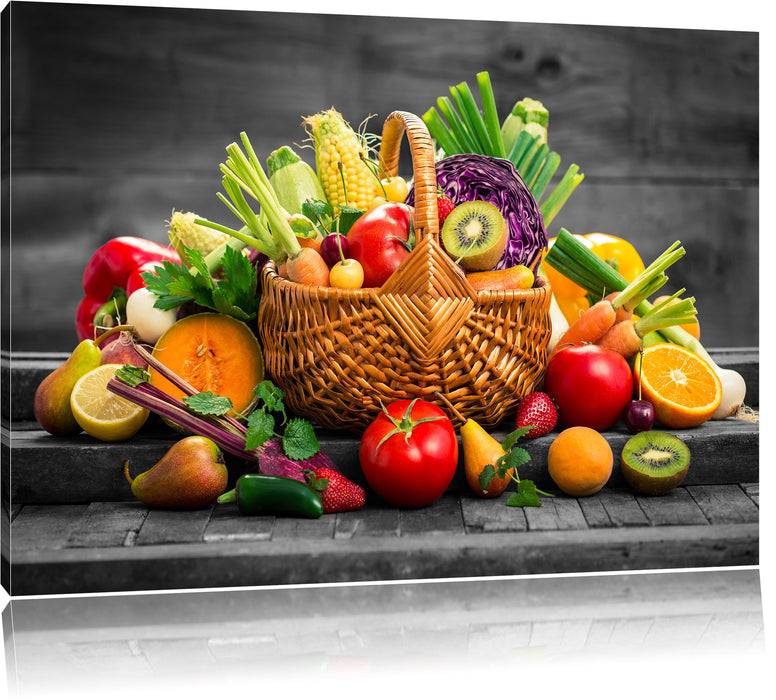 Pixxprint Frisches Obst und Gemüse im Korb, Leinwandbild