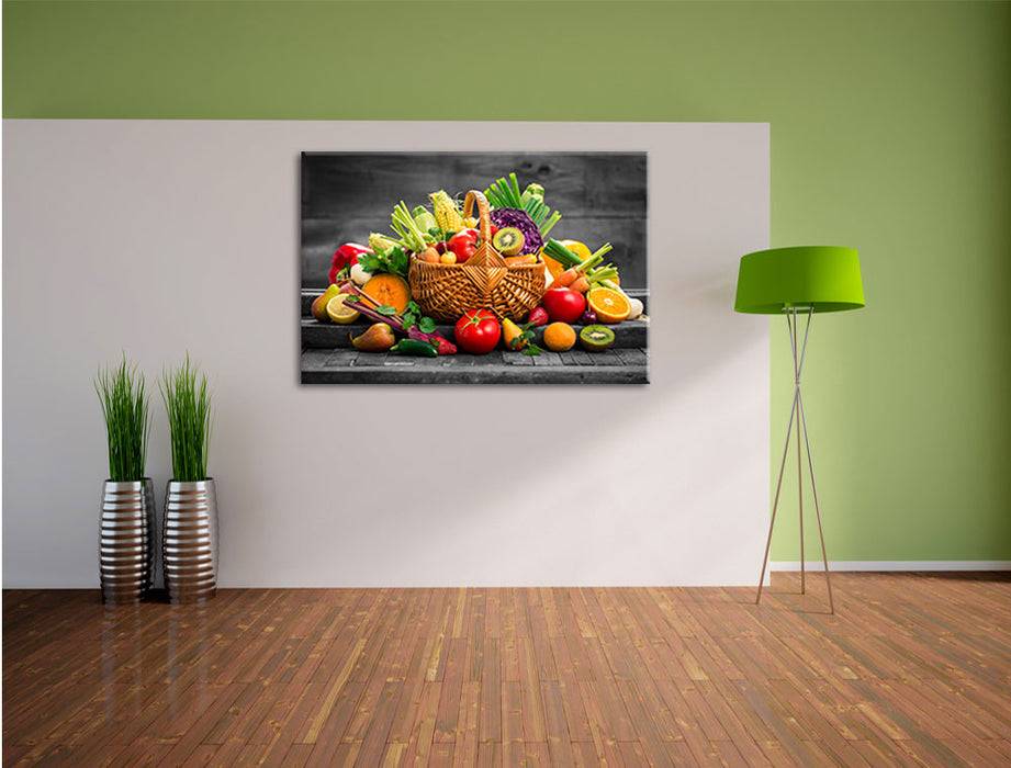 Pixxprint Frisches Obst und Gemüse im Korb, Leinwandbild Discount Store für neue Produkte