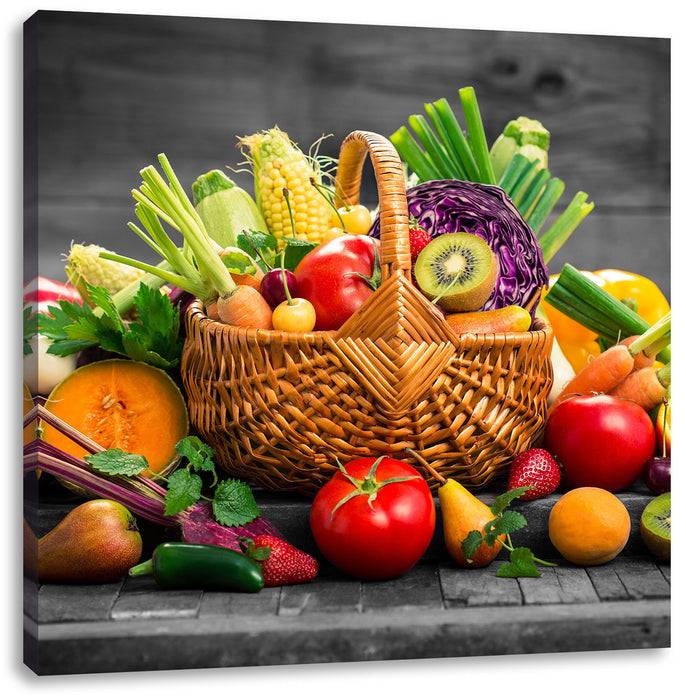 Pixxprint Frisches Obst und Gemüse im Korb, Leinwandbild Discount Store für neue Produkte