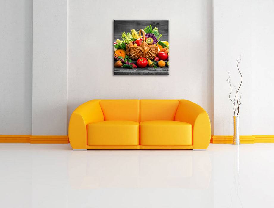 Pixxprint Frisches Obst und Gemüse im Korb, Leinwandbild Discount Store für neue Produkte