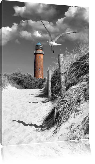Pixxprint Leuchtturm mit Möwe an Strandweg, Leinwandbild