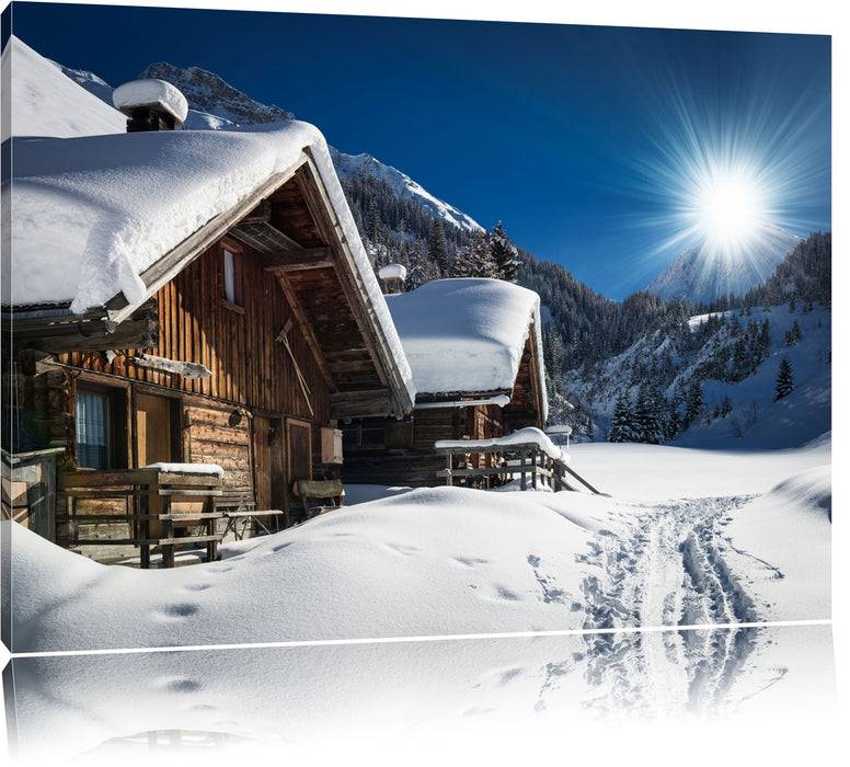 Pixxprint Verschneite Alpenhütte, Leinwandbild