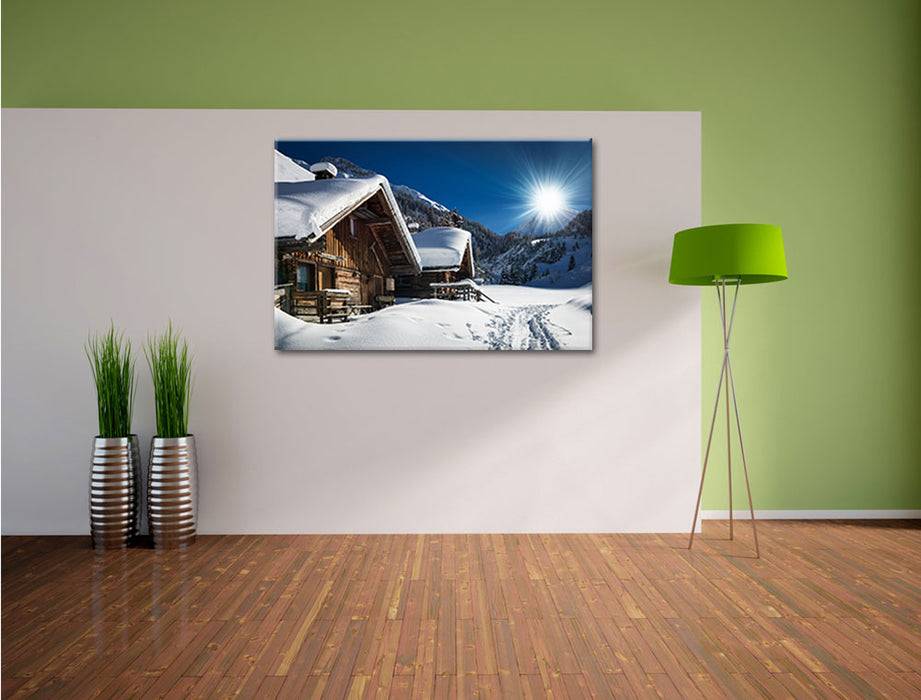 Pixxprint Verschneite Alpenhütte, Leinwandbild Saisonschlussverkauf