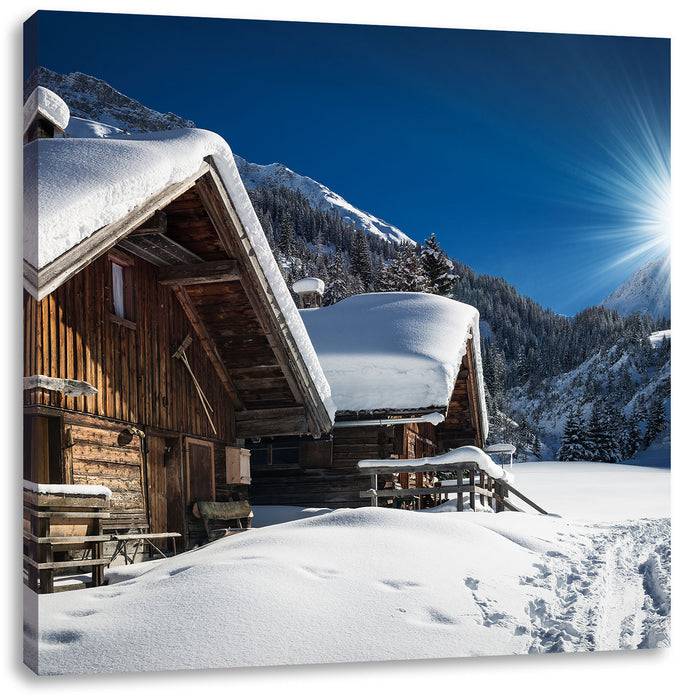 Pixxprint Verschneite Alpenhütte, Leinwandbild Saisonschlussverkauf
