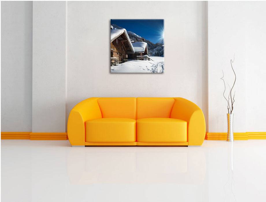 Pixxprint Verschneite Alpenhütte, Leinwandbild Saisonschlussverkauf
