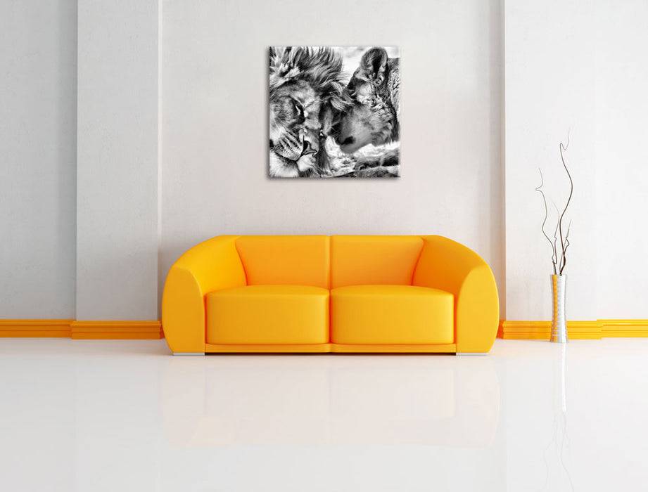 Pixxprint Kuschelnde Löwen B&W, Leinwandbild Super Rabatt