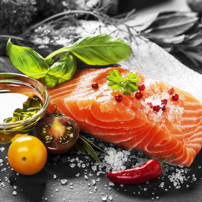 Pixxprint Gourmet Seelachsfilet, Glasbild Quadratisch Begrenzt auf 3 Tage