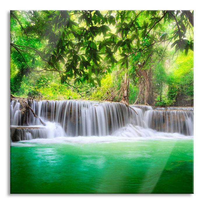 Pixxprint Kleiner Wasserfall im Dschungel, Glasbild Quadratisch