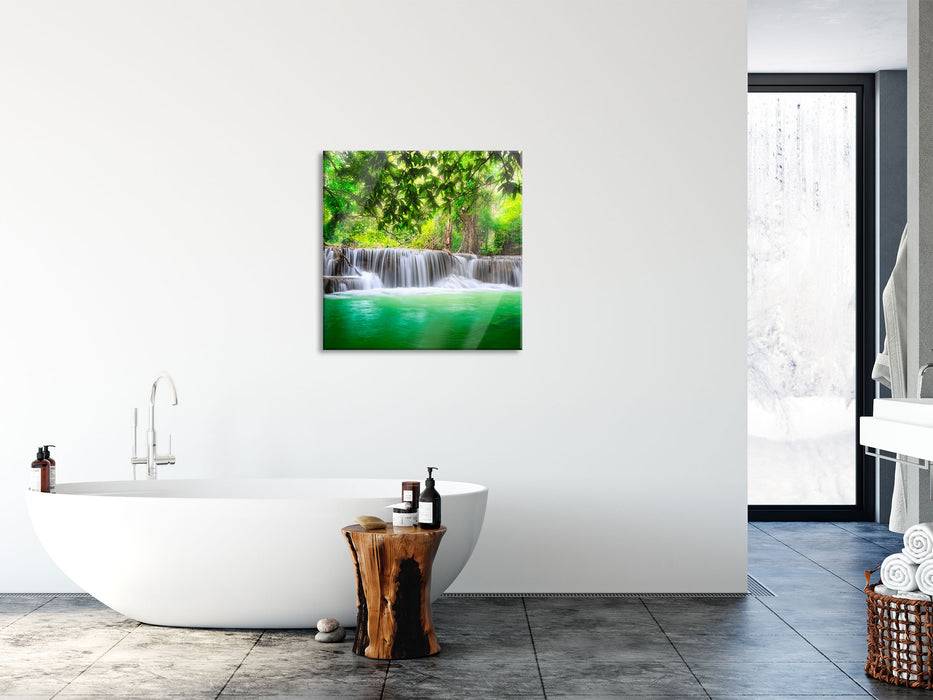 Pixxprint Kleiner Wasserfall im Dschungel, Glasbild Quadratisch zollfrei