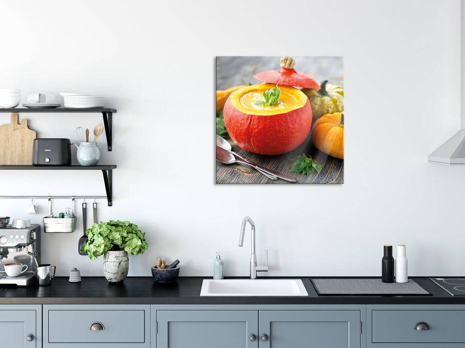Pixxprint Leckere Kürbissuppe, Glasbild Quadratisch 50% Rabatt für begrenzte Zeit