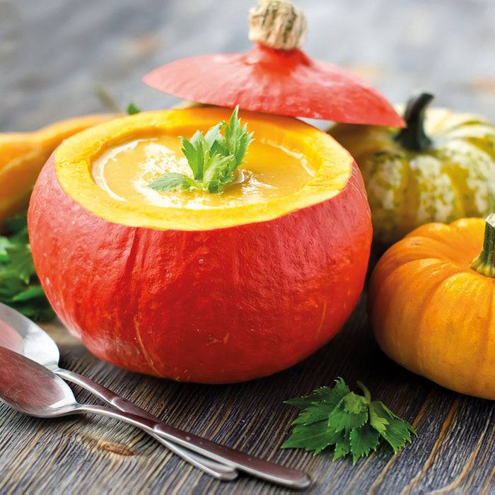 Pixxprint Leckere Kürbissuppe, Glasbild Quadratisch 50% Rabatt für begrenzte Zeit