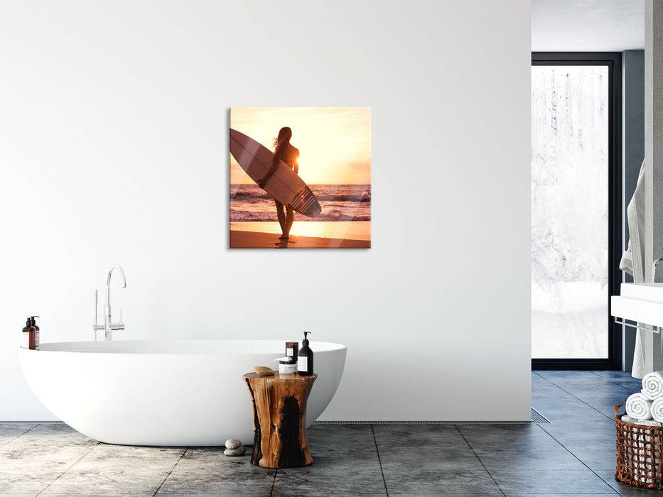 Pixxprint Surferin vor Sonnenuntergang, Glasbild Quadratisch Outlet