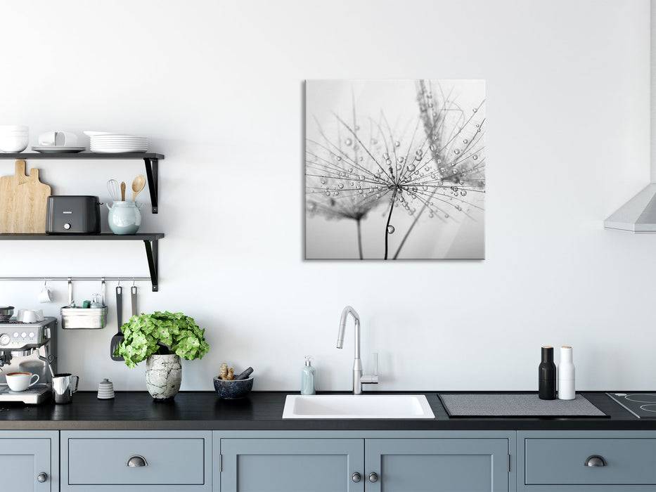 Pixxprint Pusteblume bedeckt mit Tropfen, Glasbild Quadratisch Auslauf