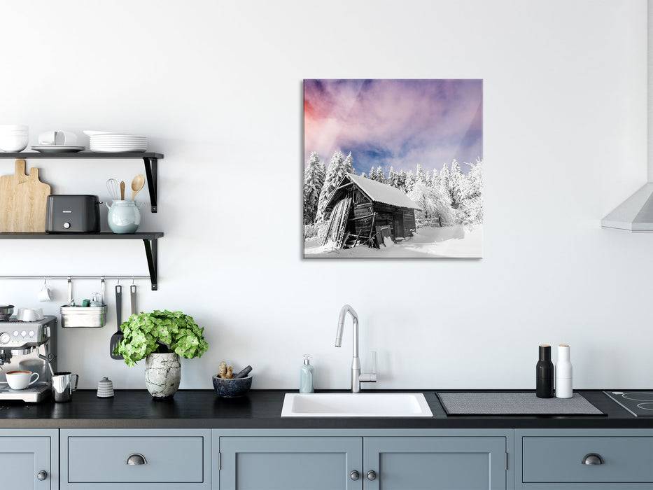 Pixxprint Holzhütte im Schnee, Glasbild Quadratisch Angebote