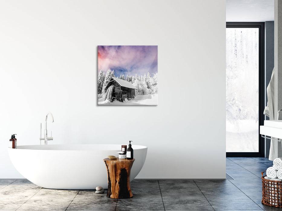 Pixxprint Holzhütte im Schnee, Glasbild Quadratisch Angebote